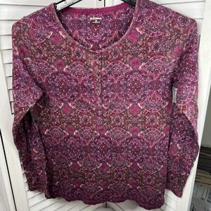 Vtg RuffHewn Women's Henley Top Med Pink Purple Boho Paisley Long‎ Sleeve *read